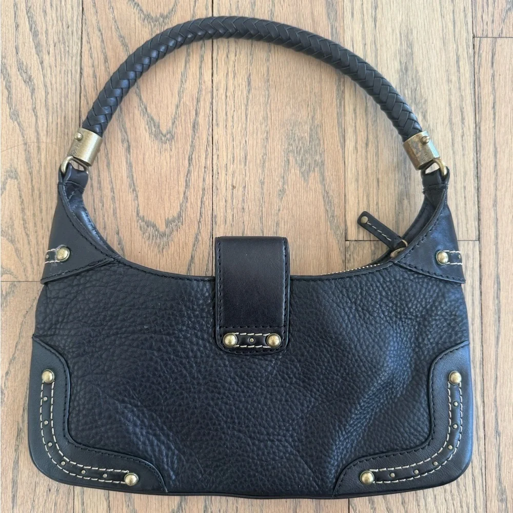 Michael Kors Black Leather Shoulder Purse with Braided Strap and Gold Detailing